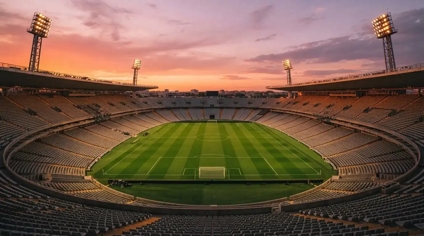 Un estadio de fútbol vacío con torres de iluminación al atardecer