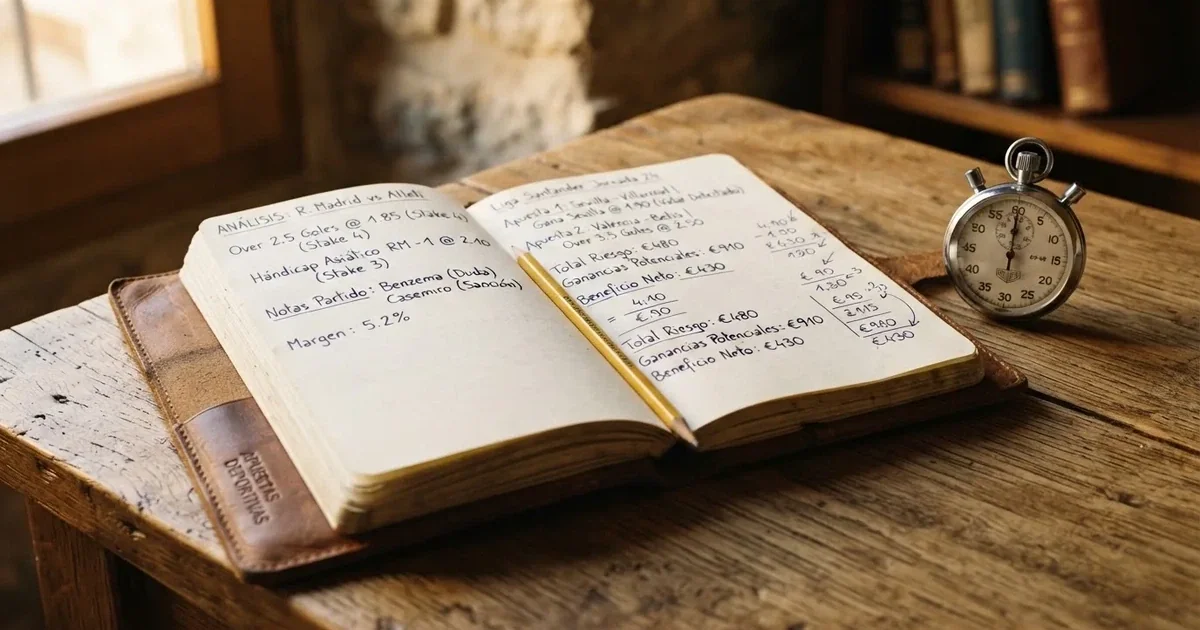 Un cuaderno abierto con un lápiz y un cronómetro sobre una mesa de madera