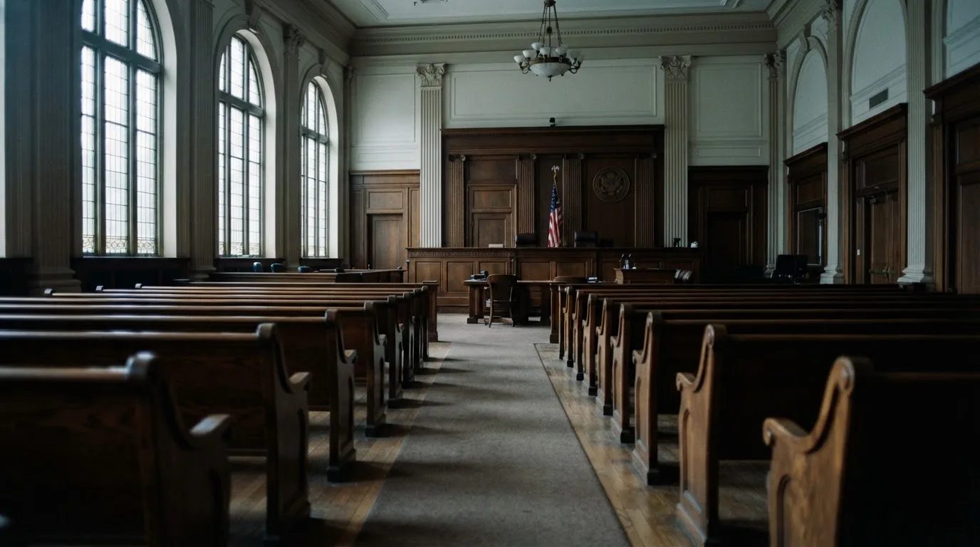 Una sala de tribunal vacía con bancos de madera a la luz de la mañana
