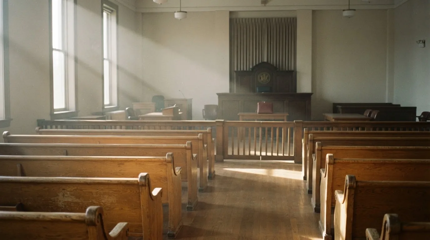 Una sala de tribunal vacía con bancos de madera a la luz de la mañana
