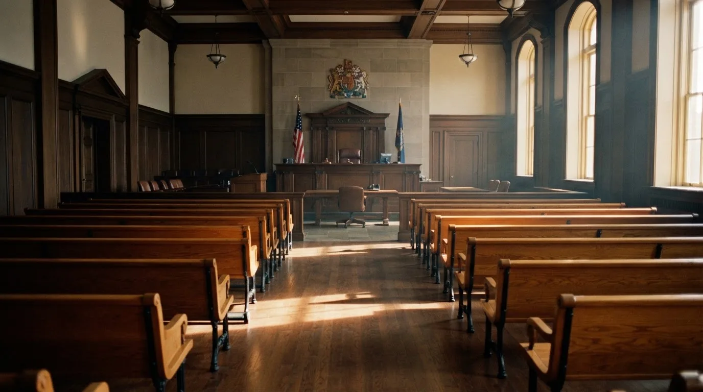 Una sala de tribunal vacía con bancos de madera a la luz de la mañana