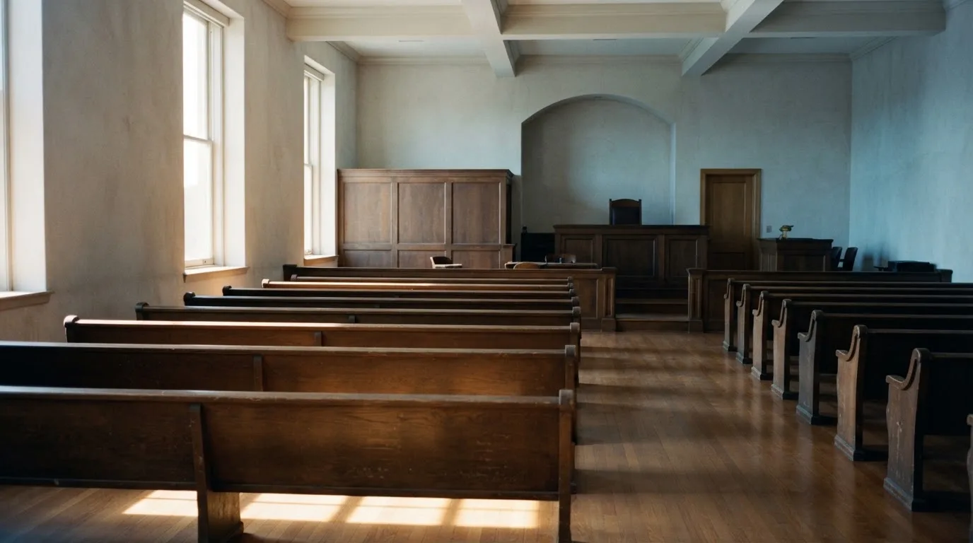 Una sala de tribunal vacía con bancos de madera a la luz de la mañana