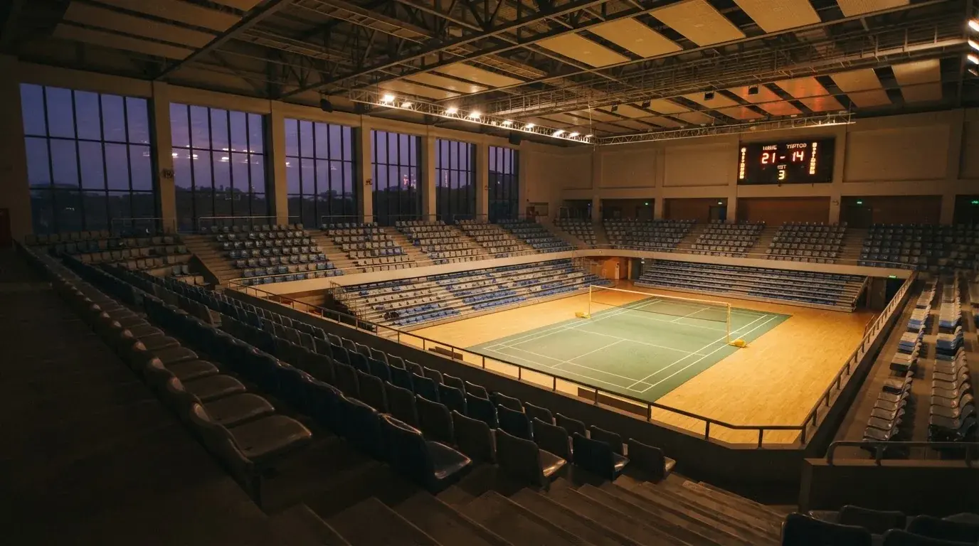 Un estadio de fútbol vacío con torres de iluminación al atardecer