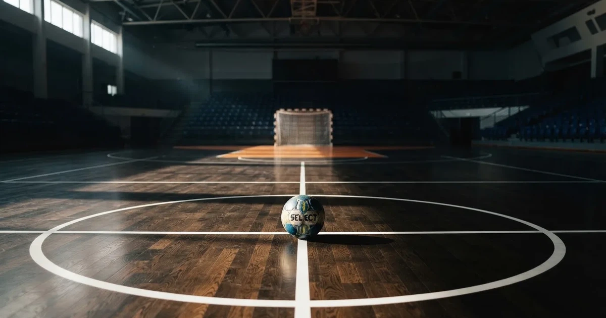 Un balón en el punto central de un campo de césped a la luz de la mañana