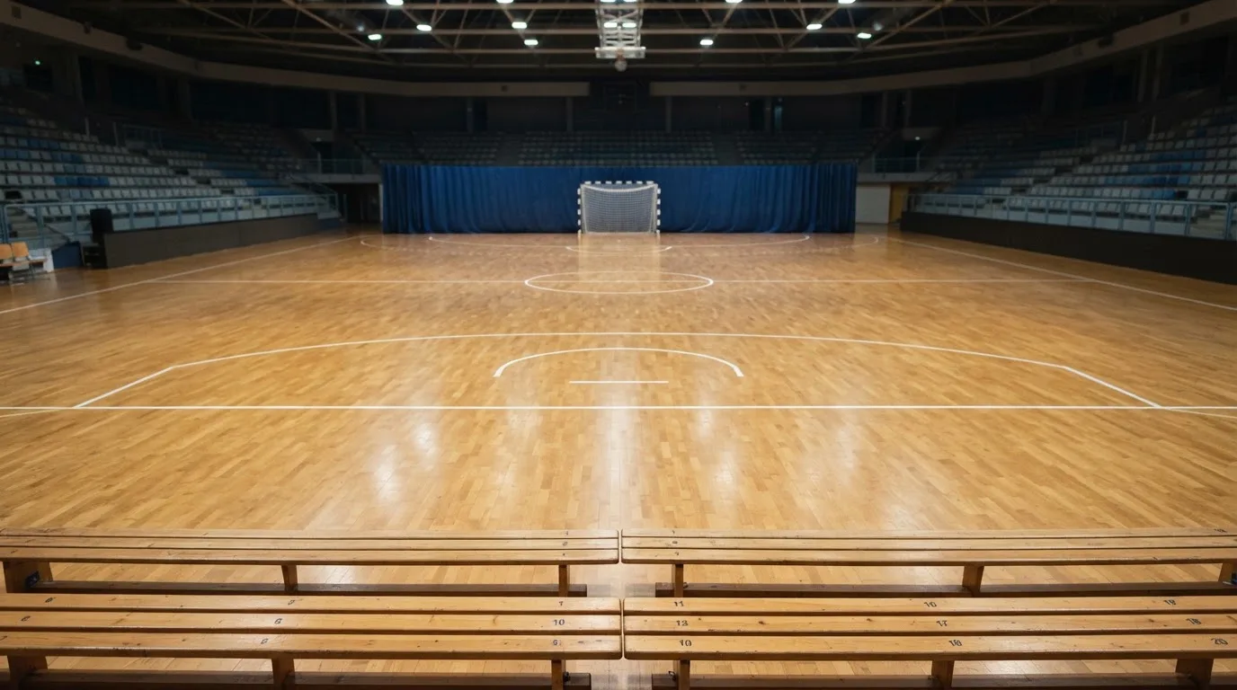 Una sala de tribunal vacía con bancos de madera a la luz de la mañana
