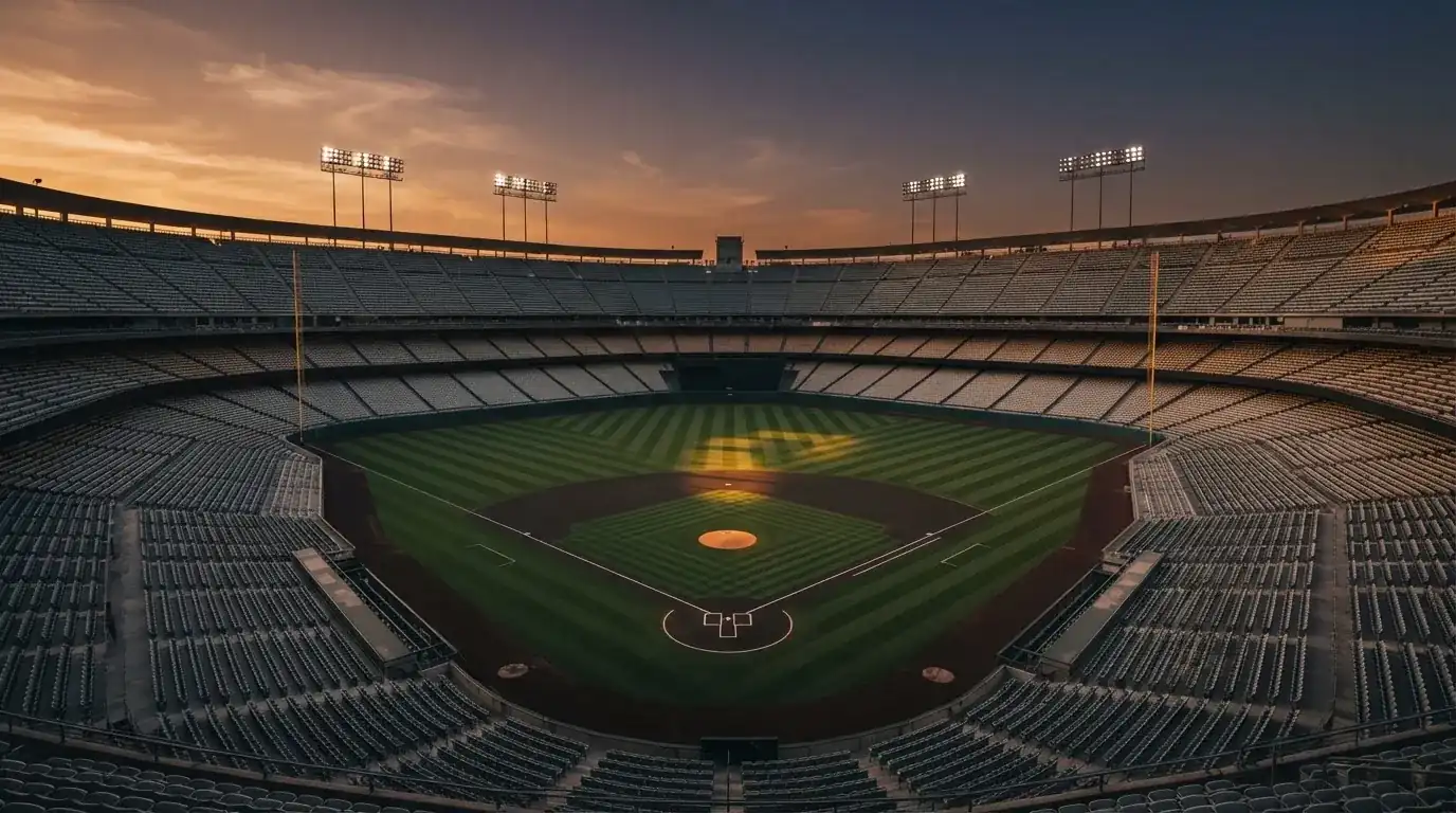 Un estadio de fútbol vacío con torres de iluminación al atardecer
