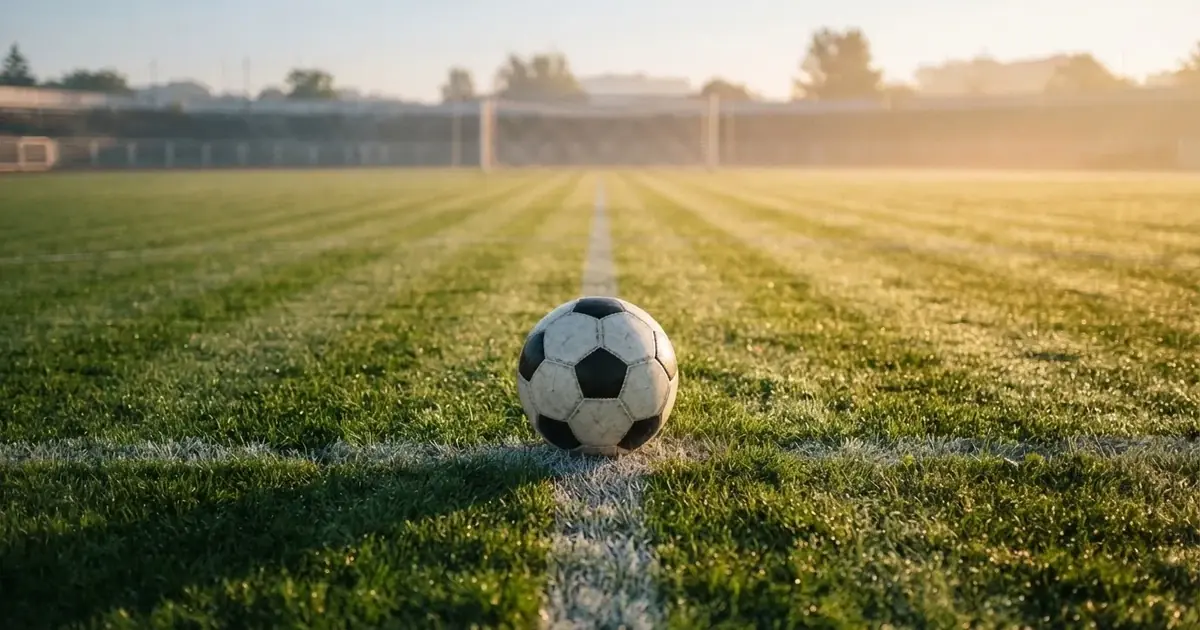 Un balón en el punto central de un campo de césped a la luz de la mañana