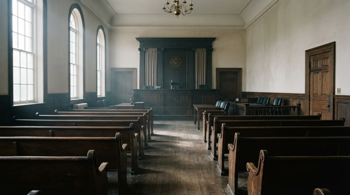 Una sala de tribunal vacía con bancos de madera a la luz de la mañana
