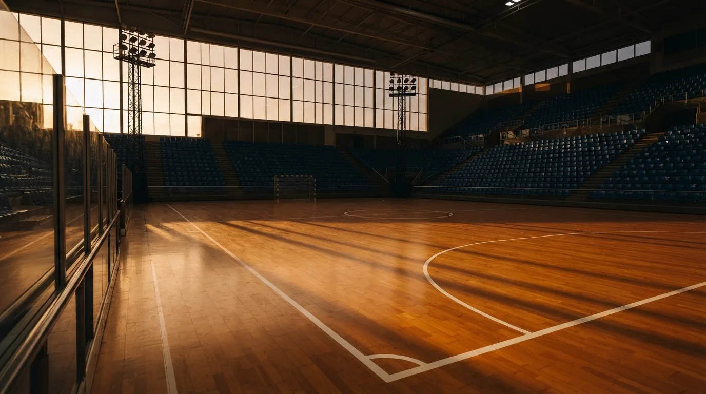 Un estadio de fútbol vacío con torres de iluminación al atardecer
