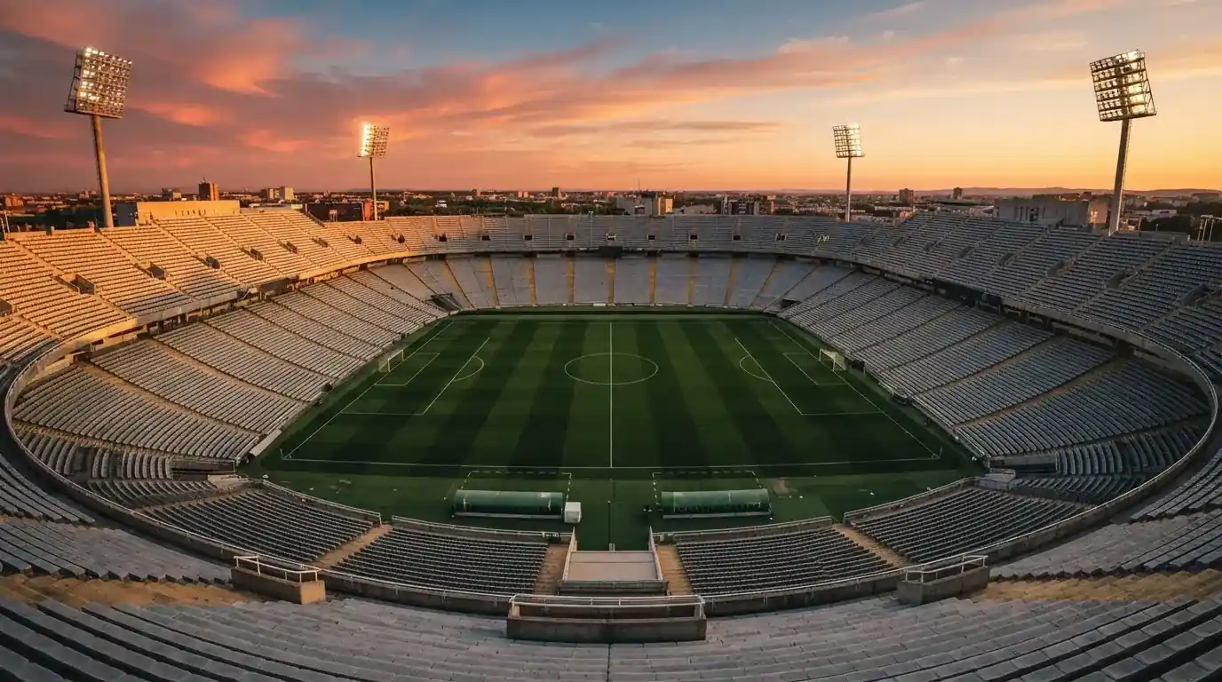 Un estadio de fútbol vacío con torres de iluminación al atardecer