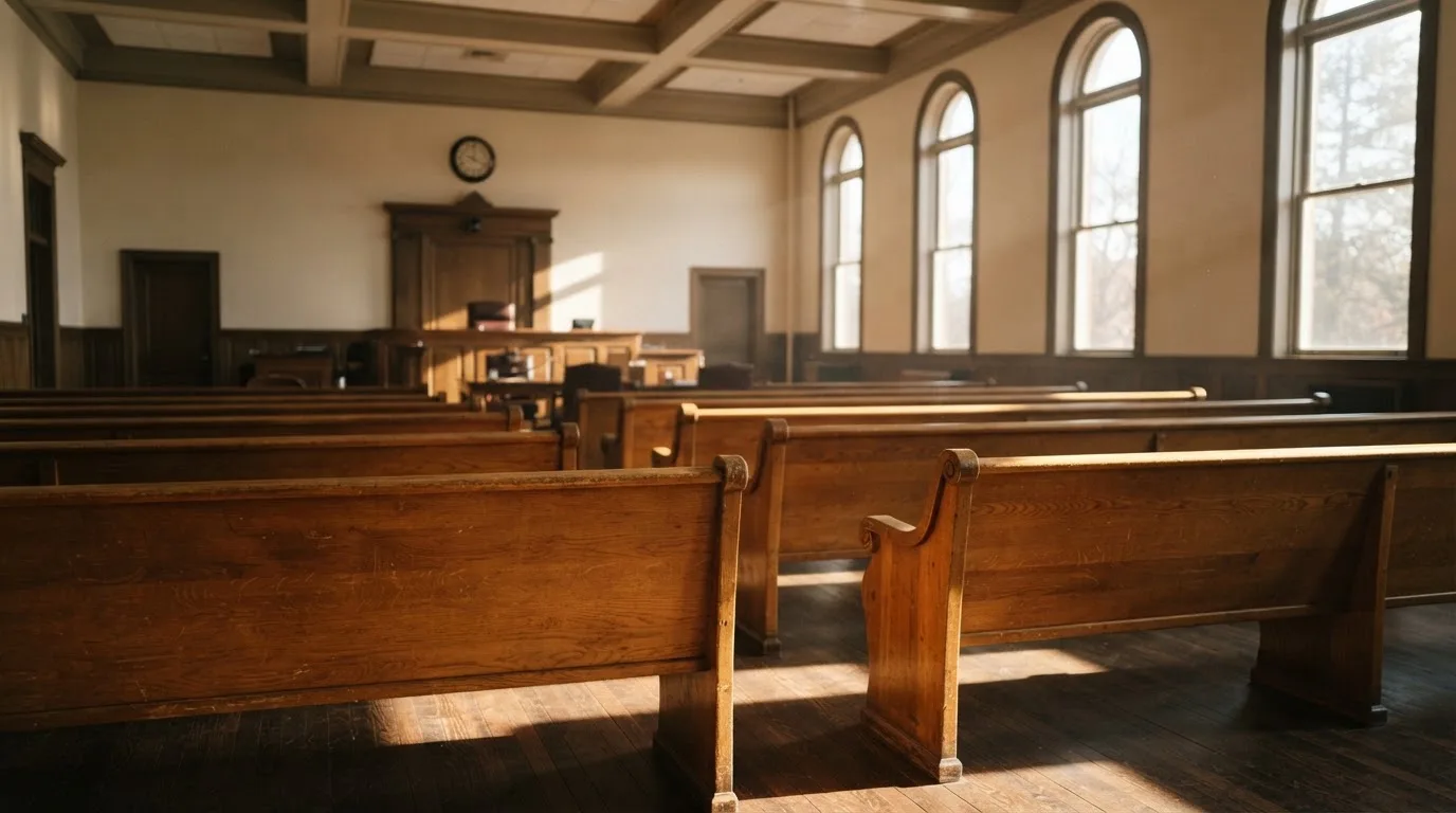 Una sala de tribunal vacía con bancos de madera a la luz de la mañana