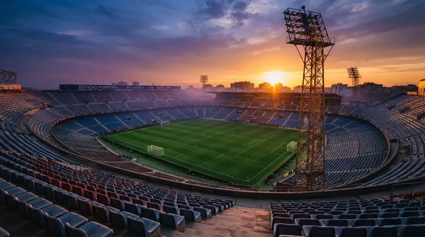 Un estadio de fútbol vacío con torres de iluminación al atardecer