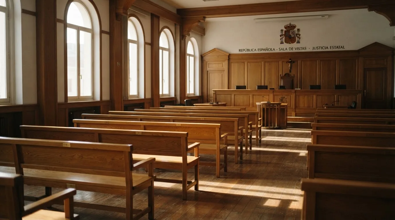 Una sala de tribunal vacía con bancos de madera a la luz de la mañana
