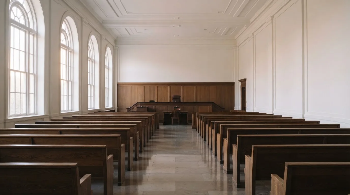 Una sala de tribunal vacía con bancos de madera a la luz de la mañana