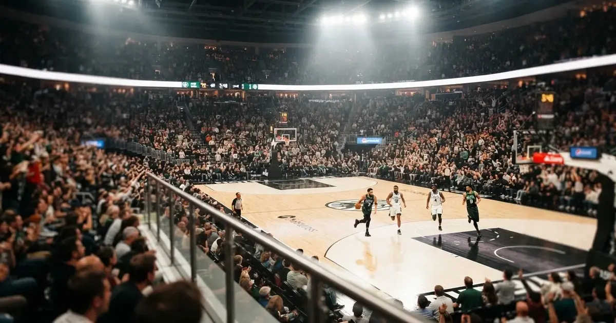 Un pabellón deportivo lleno bajo los focos, fotografiado desde muy lejos