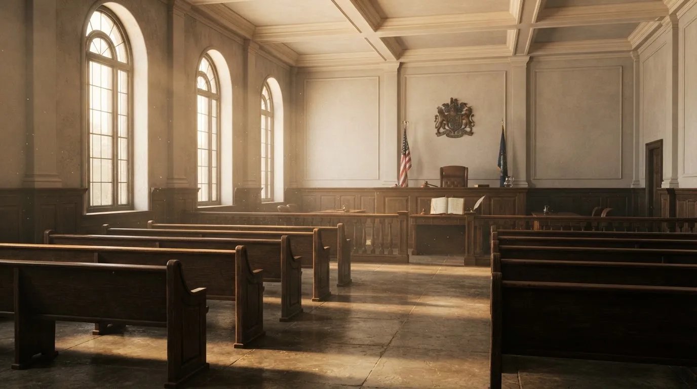 Una sala de tribunal vacía con bancos de madera a la luz de la mañana