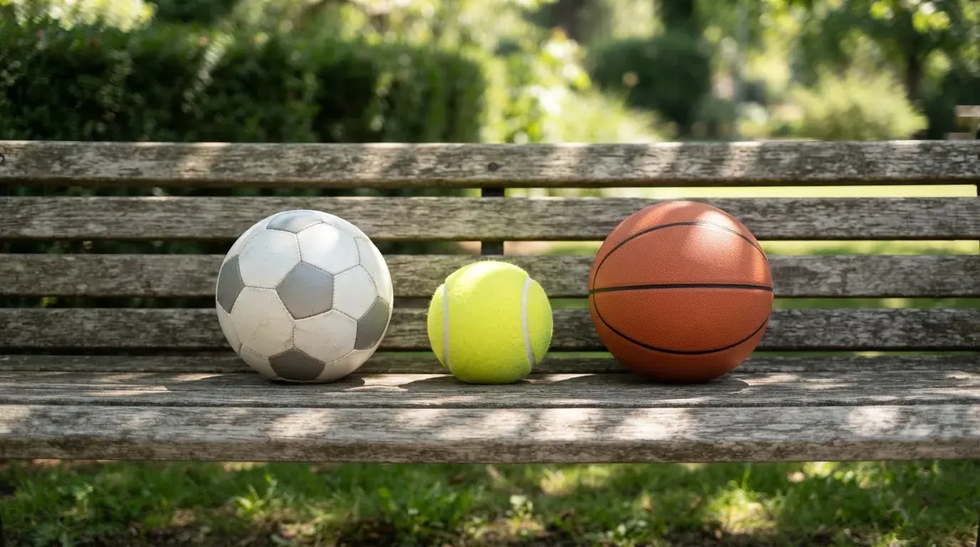 Tres balones de distintos tipos, uno junto a otro, sobre un banco de madera