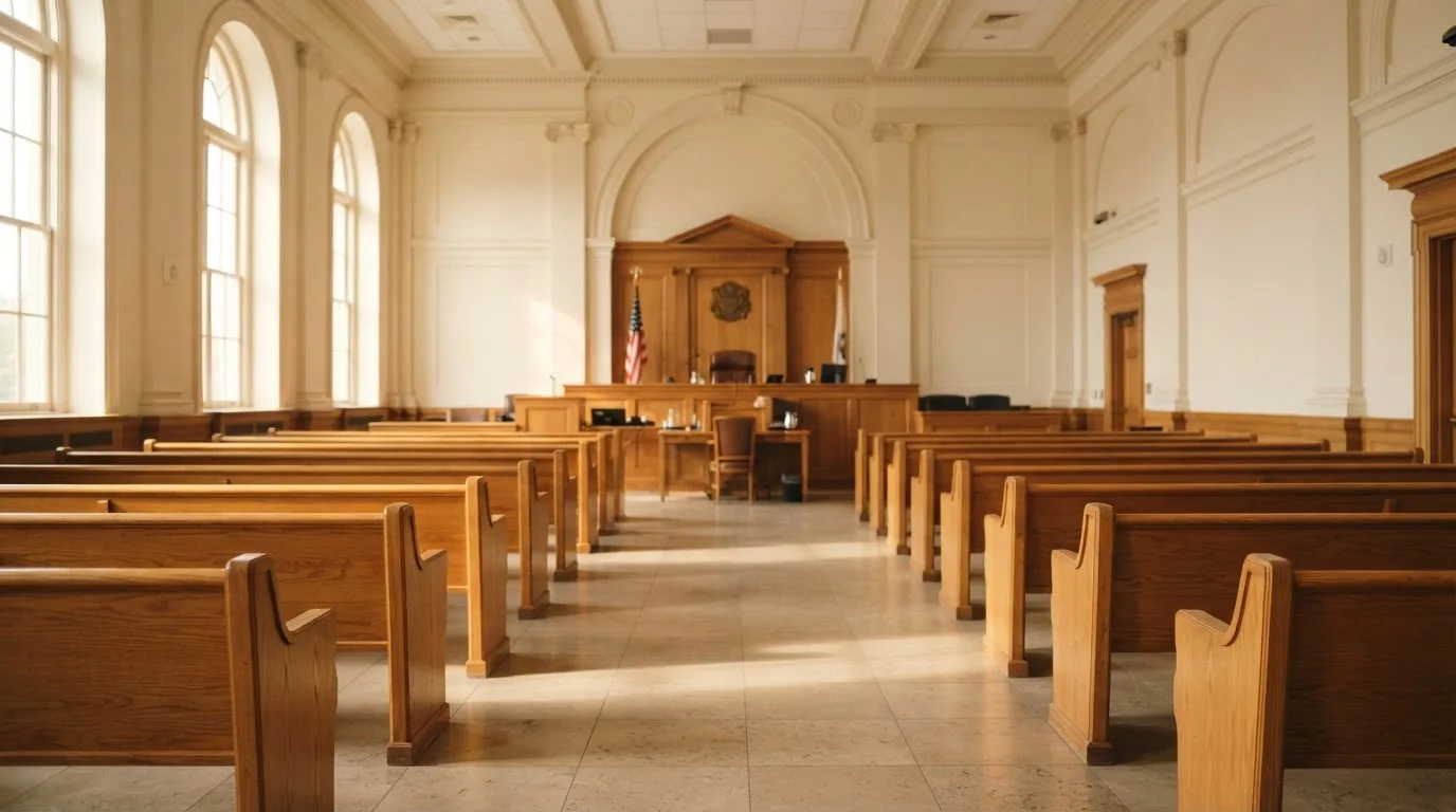 Una sala de tribunal vacía con bancos de madera a la luz de la mañana