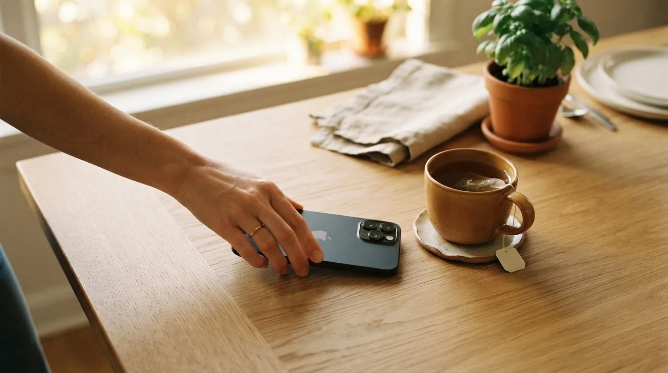 Una mano deja un móvil junto a una taza de té sobre la mesa de la cocina, una tarde tranquila