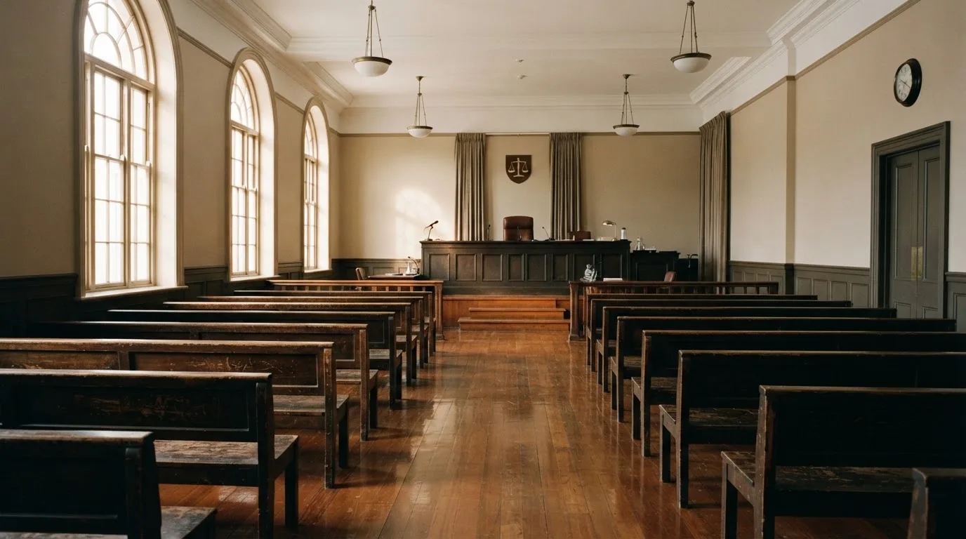 Una sala de tribunal vacía con bancos de madera a la luz de la mañana
