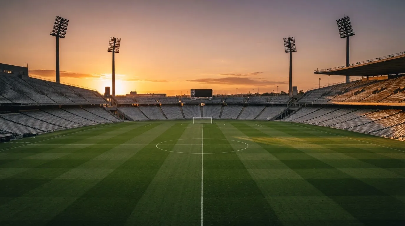 Un estadio de fútbol vacío con torres de iluminación al atardecer