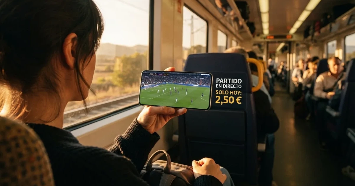 Una mano sostiene un móvil en el tren por la tarde, con la pantalla girada