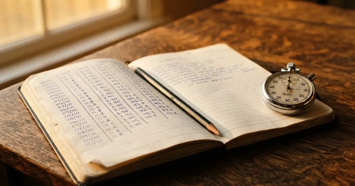 Un cuaderno abierto con un lápiz y un cronómetro sobre una mesa de madera