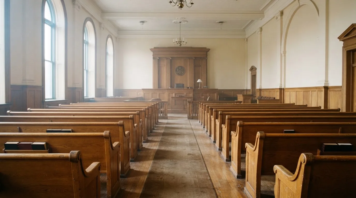 Una sala de tribunal vacía con bancos de madera a la luz de la mañana