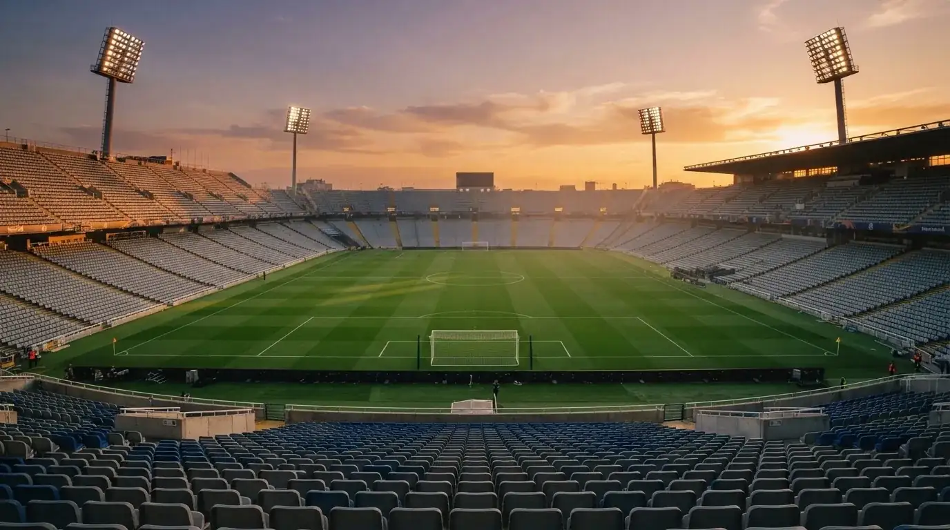 Un estadio de fútbol vacío con torres de iluminación al atardecer