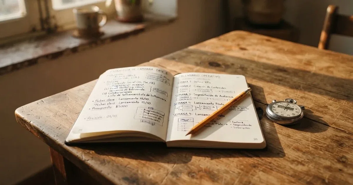 Un cuaderno abierto con un lápiz y un cronómetro sobre una mesa de madera
