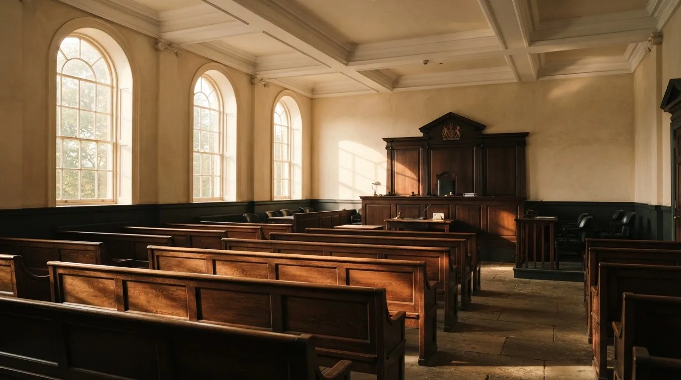 Una sala de tribunal vacía con bancos de madera a la luz de la mañana