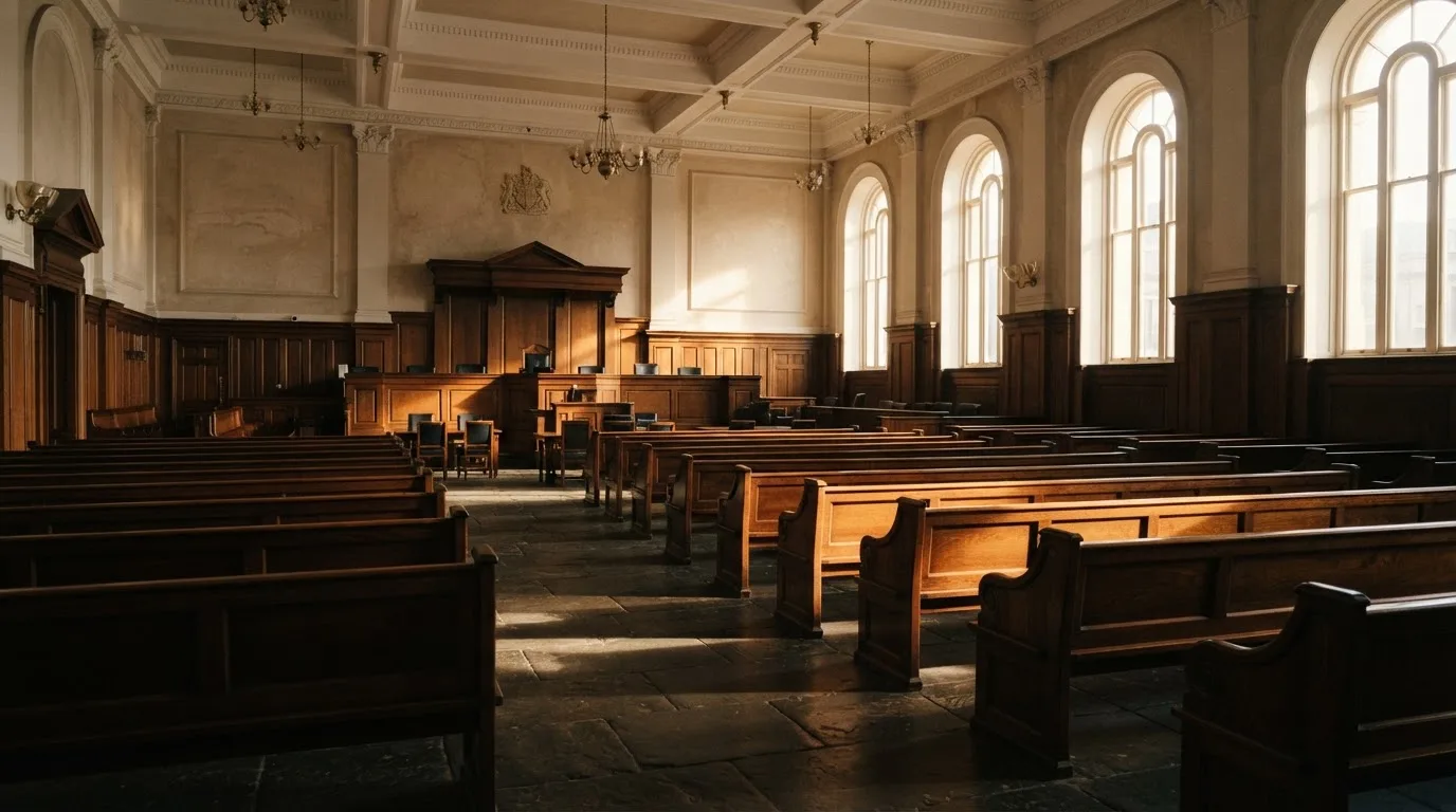Una sala de tribunal vacía con bancos de madera a la luz de la mañana
