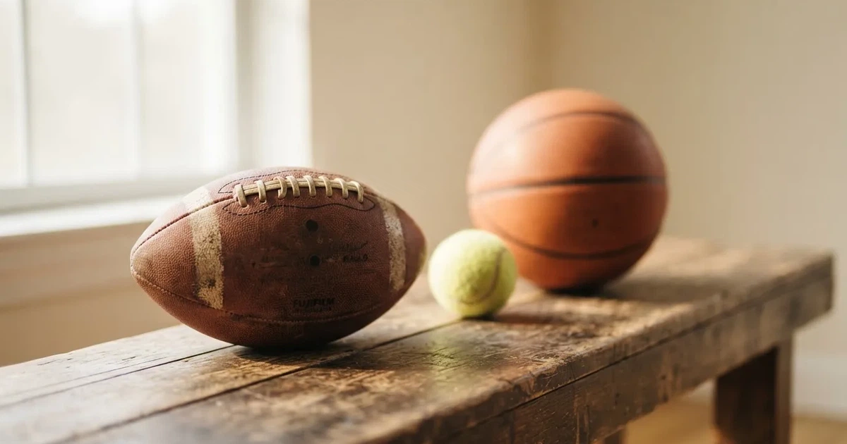 Tres balones de distintos tipos, uno junto a otro, sobre un banco de madera