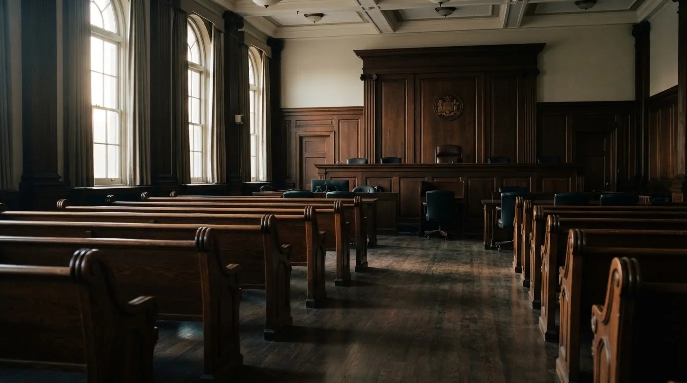 Una sala de tribunal vacía con bancos de madera a la luz de la mañana