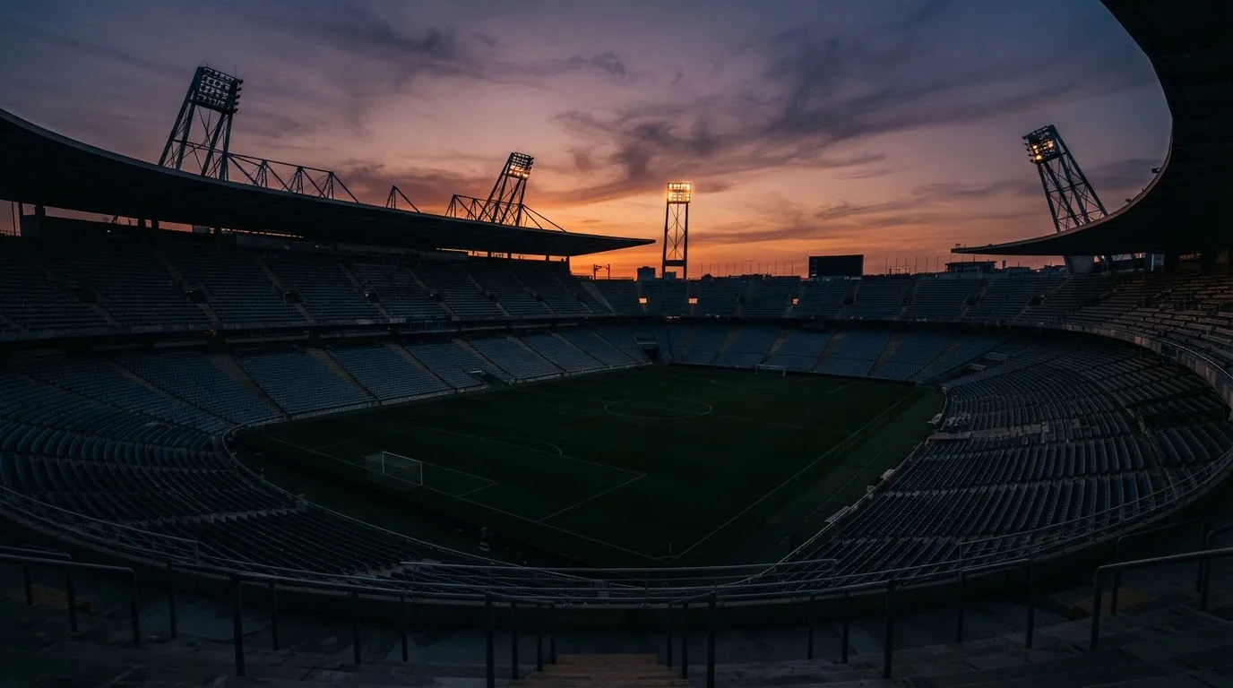 Un estadio de fútbol vacío con torres de iluminación al atardecer