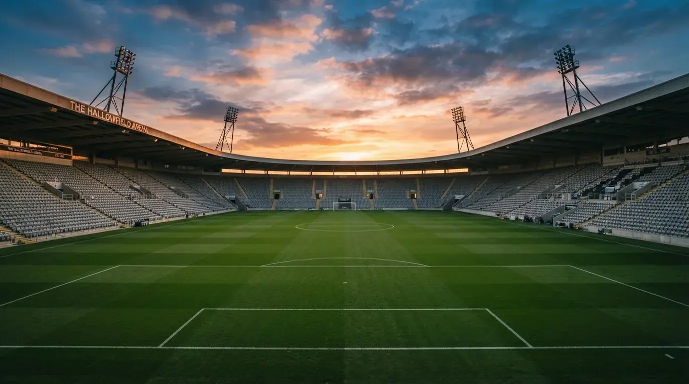 Un estadio de fútbol vacío con torres de iluminación al atardecer