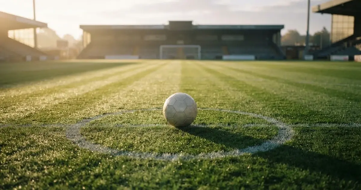 Un balón en el punto central de un campo de césped a la luz de la mañana