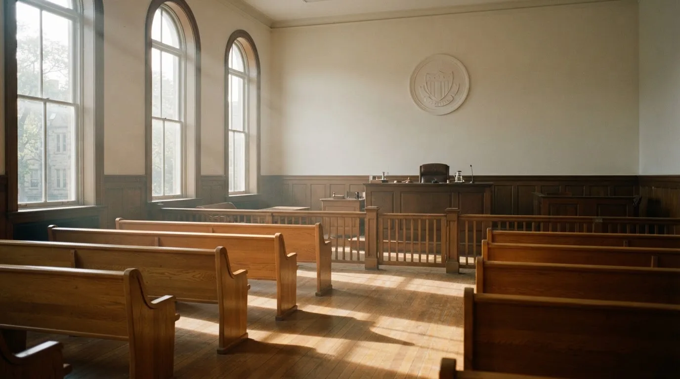 Una sala de tribunal vacía con bancos de madera a la luz de la mañana